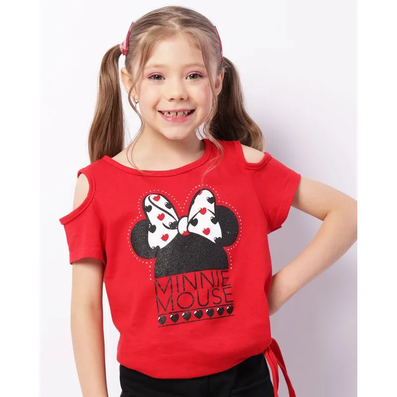 Blusa Infantil Disney Minnie Manga Curta Recortes Vermelha 10