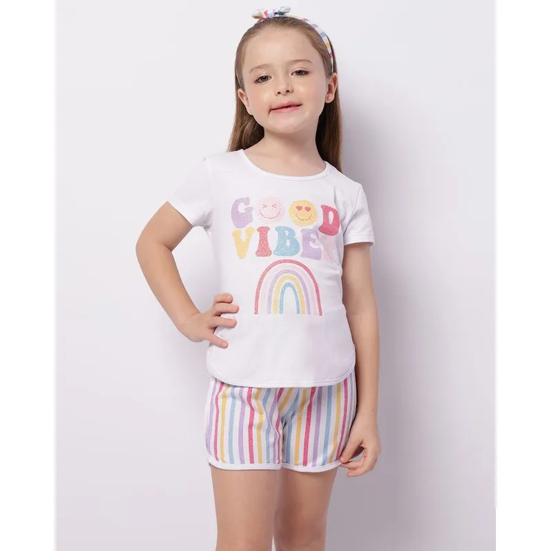 Conjunto Infantil Curto Listrado Estampa Glitter + Brinde Faixa De Cabelo Branco 8