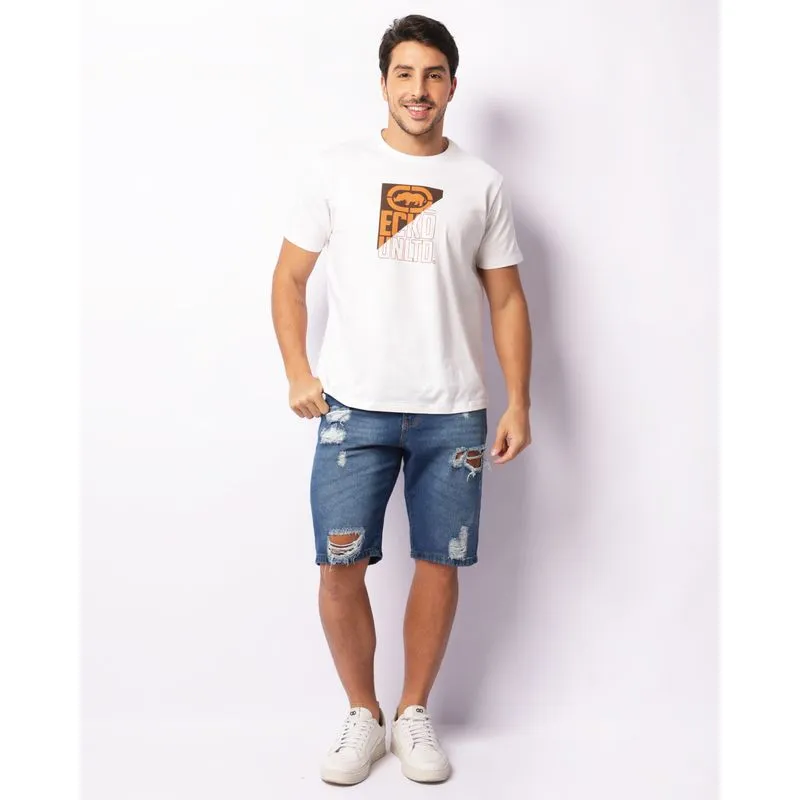 Bermuda Jeans Masculina Reta Com Destroyed Azul 40
