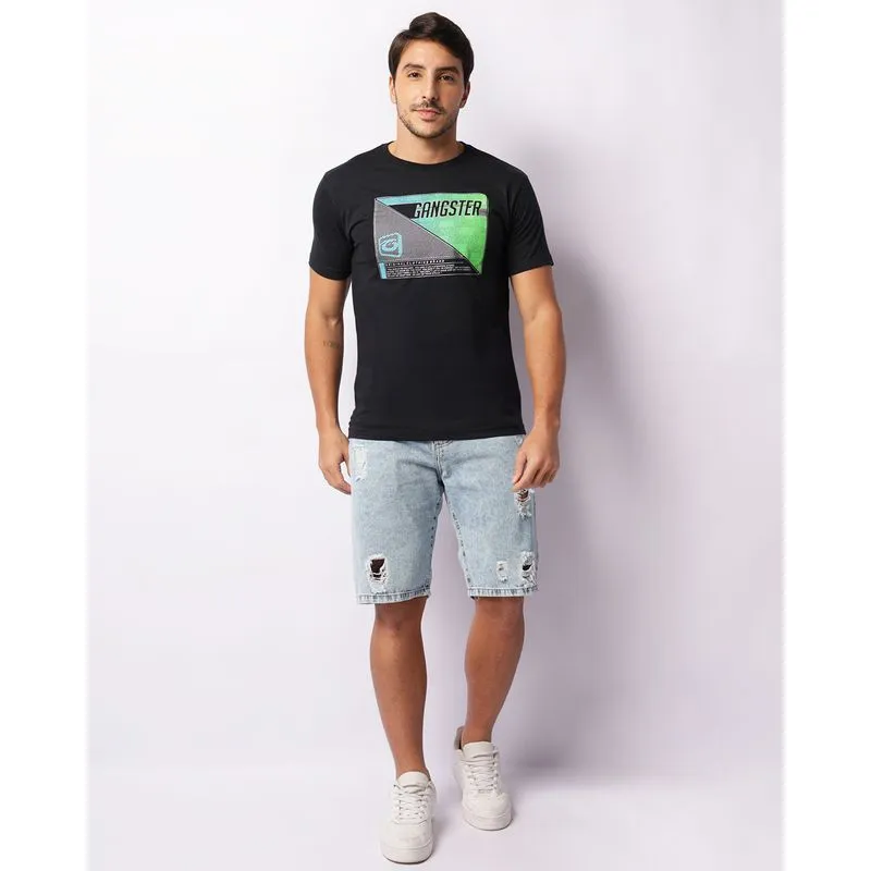 Bermuda Jeans Masculina Reta Com Destroyed Azul 36