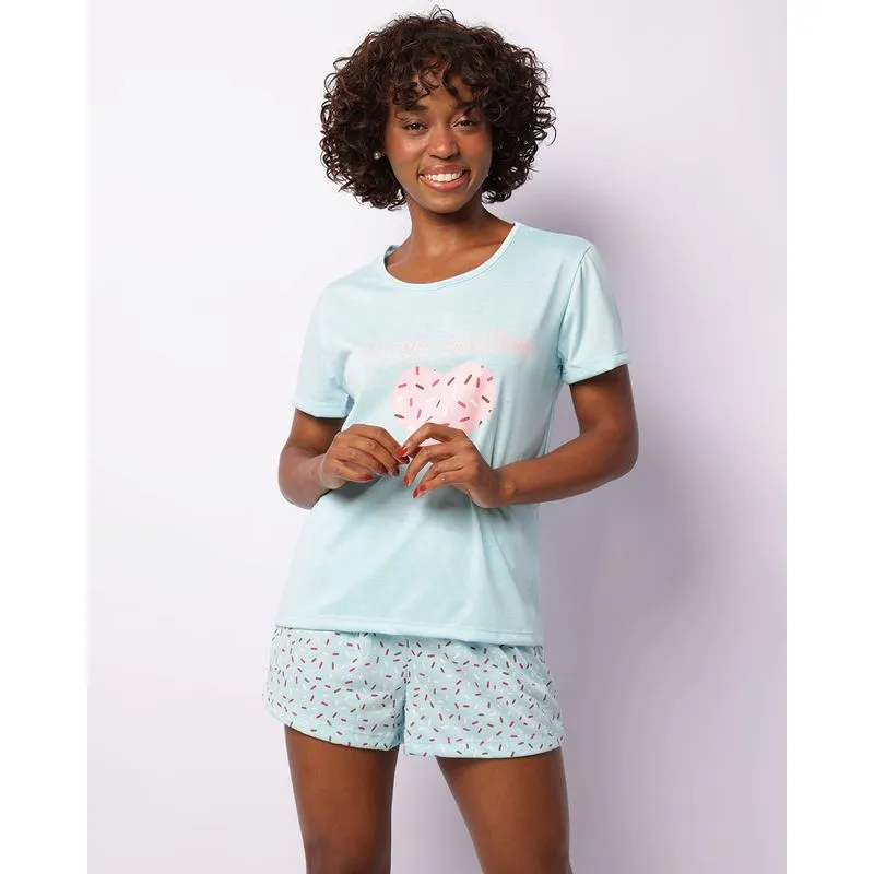 Pijama Feminino Curto Estampa Coração Azul G