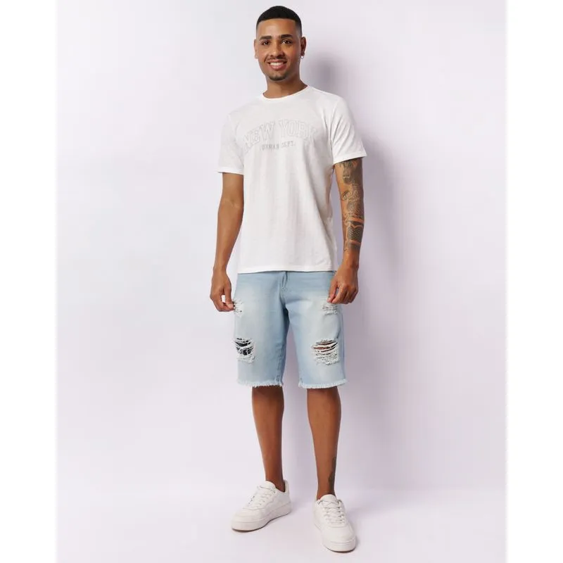 Bermuda Jeans Masculina Barra Desfiada Destroyed Azul 40