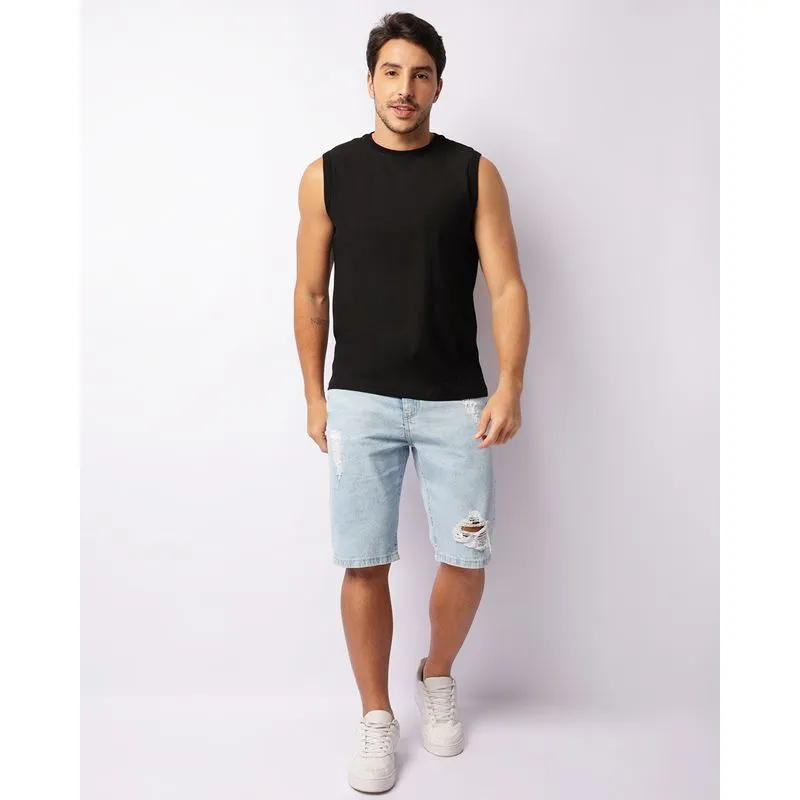 Bermuda Jeans Masculina Reta Com Bolsos E Destroyed Azul 48