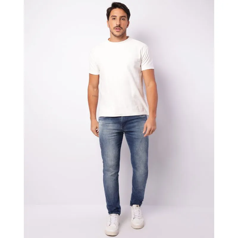 Calça Jeans Masculina Skinny Estonada Com Puídos Azul 40