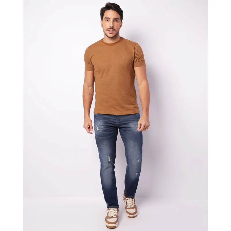 Calça Jeans Masculina Skinny Estonada Com Puídos Azul 48