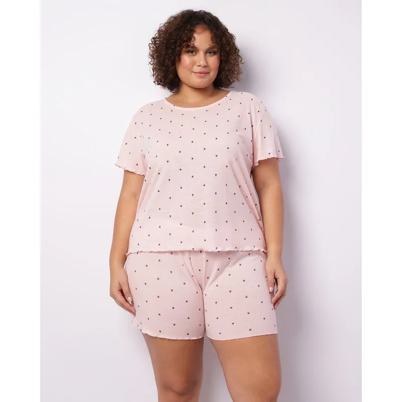Pijama Plus Size Feminino Curto Canelado Frufru Corações Rosa 52