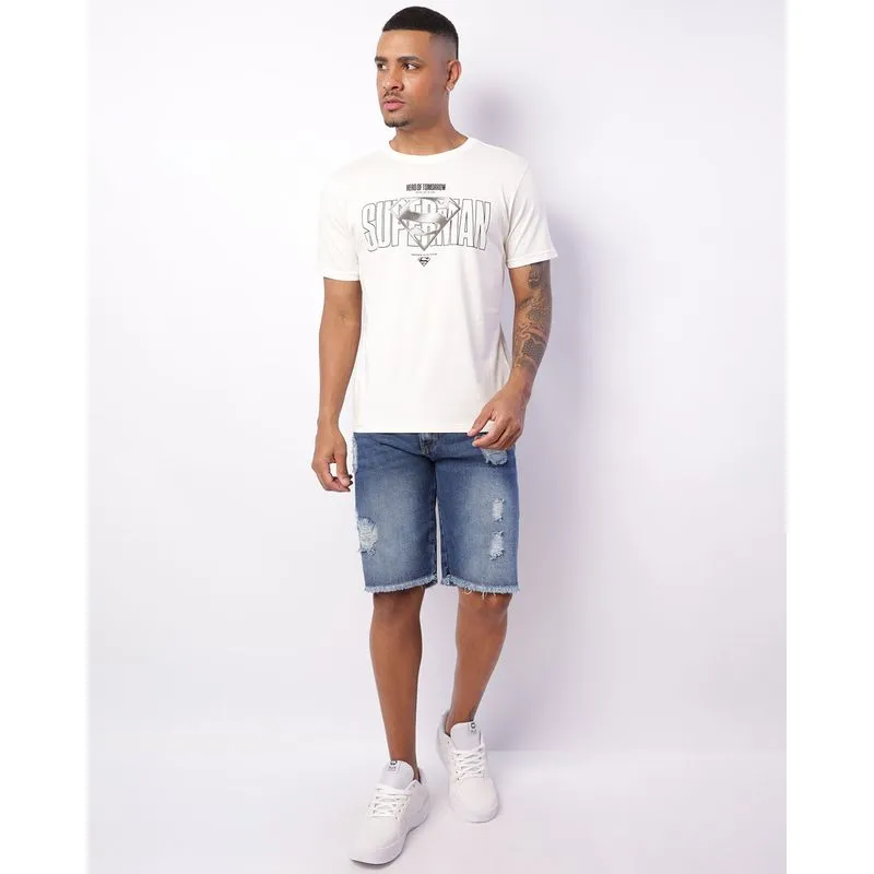 Bermuda Jeans Masculina Reta Destroyed Barra Desfiada Azul 42