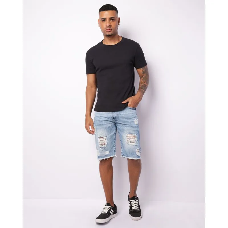 Bermuda Jeans Masculina Reta Destroyed Barra Desfiada Azul 42