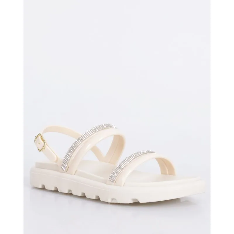Sandália Rasteira Infantil Tiras Com Strass Off White 31/32