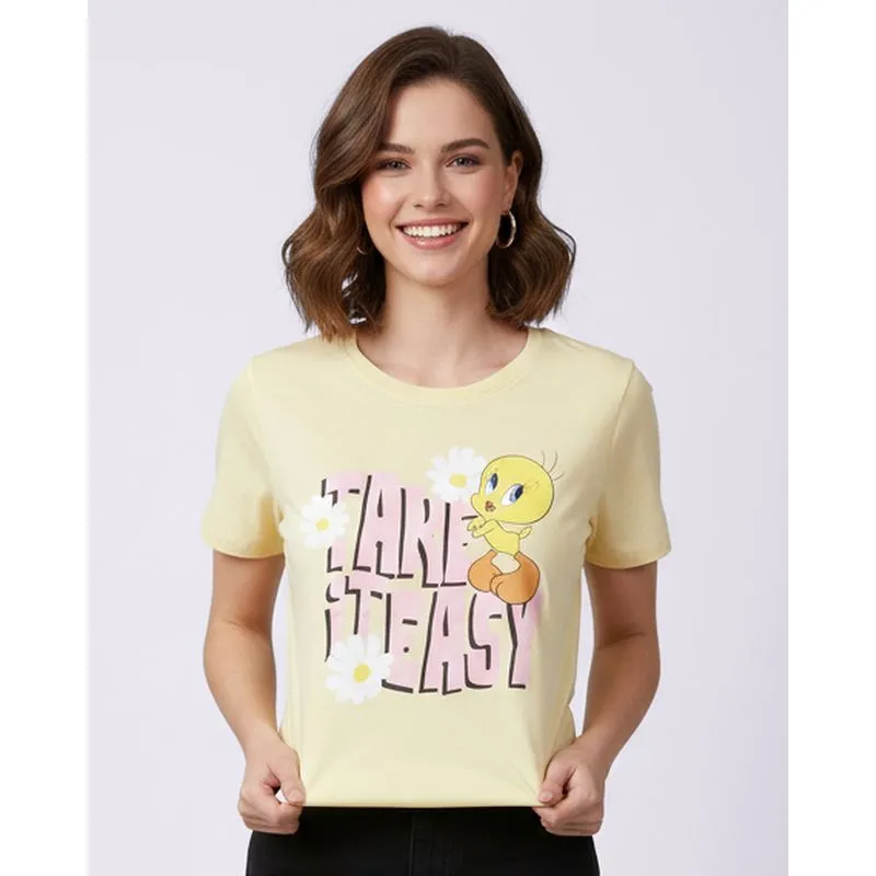 Camiseta Feminina Algodão Looney Tunes Piu-Piu Amarela GG