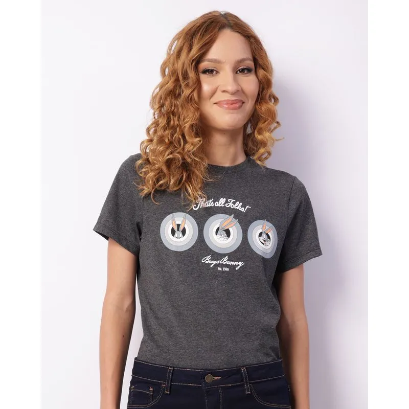 Camiseta Feminina Manga Curta Looney Tunes Cinza M