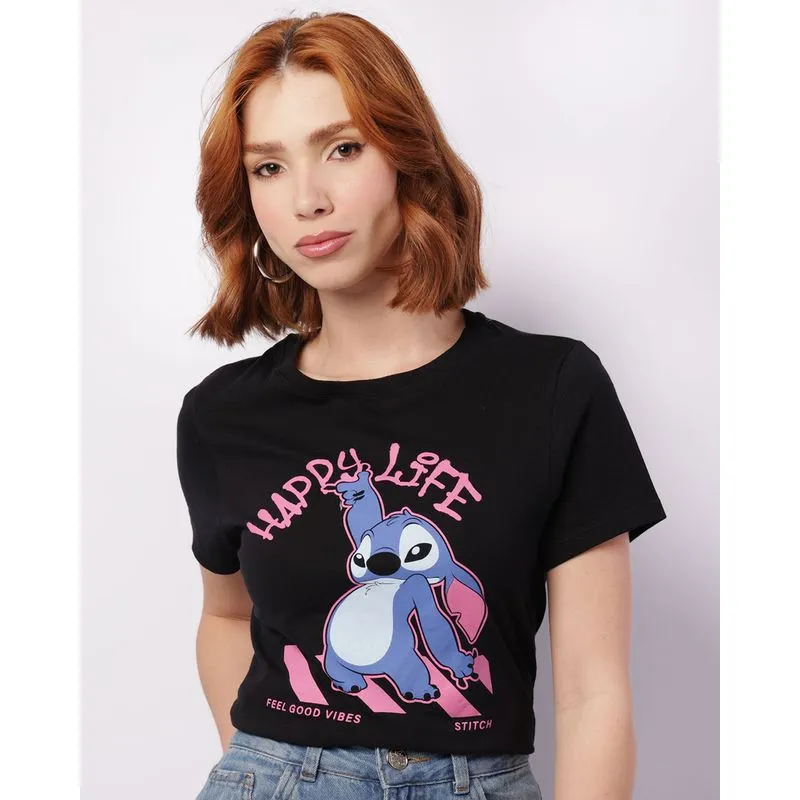 Camiseta Feminina Disney Stitch Manga Curta Preta P