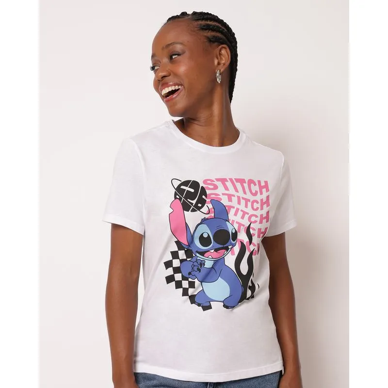 Camiseta Feminina Algodão Disney Stitch Manga Curta Branca M
