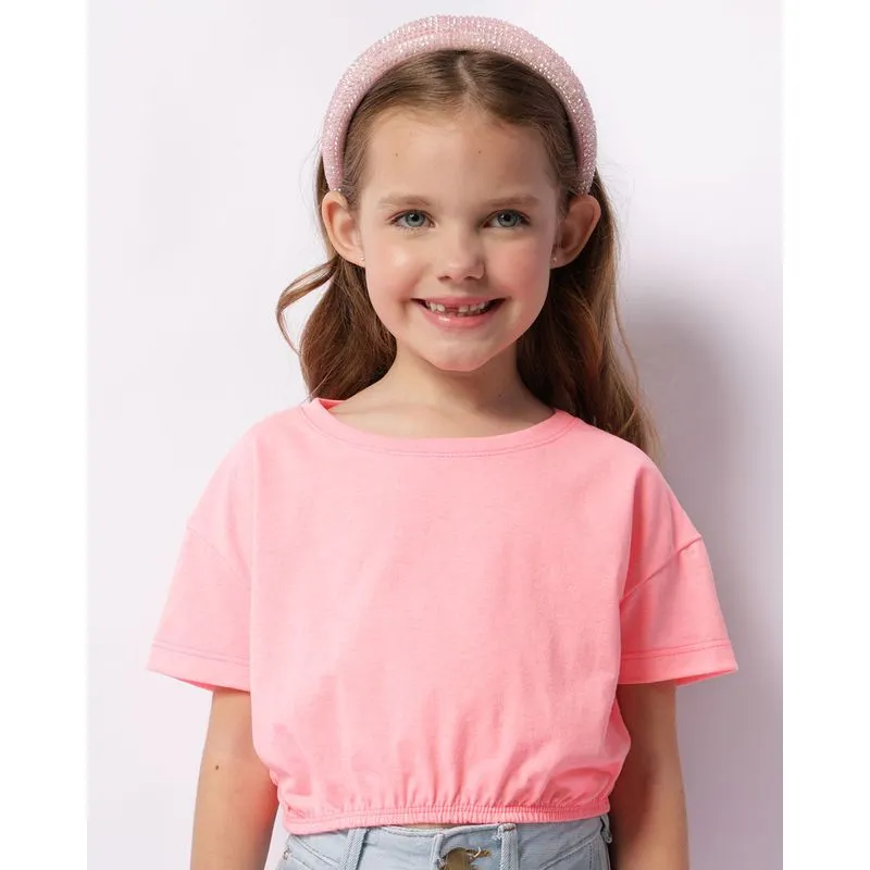 Blusa Infantil Cropped Manga Curta Neon Rosa 4