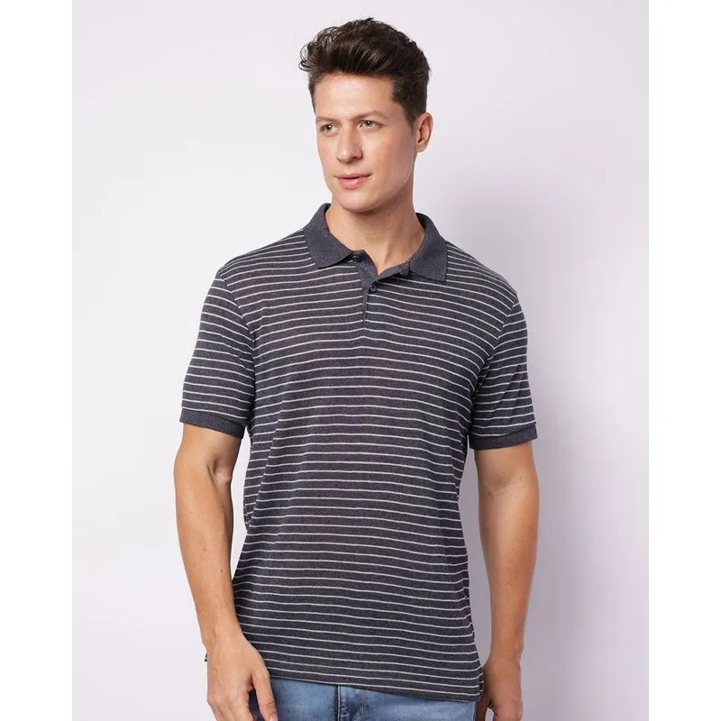 Camisa Polo Masculina Listrada Manga Curta Marinho P