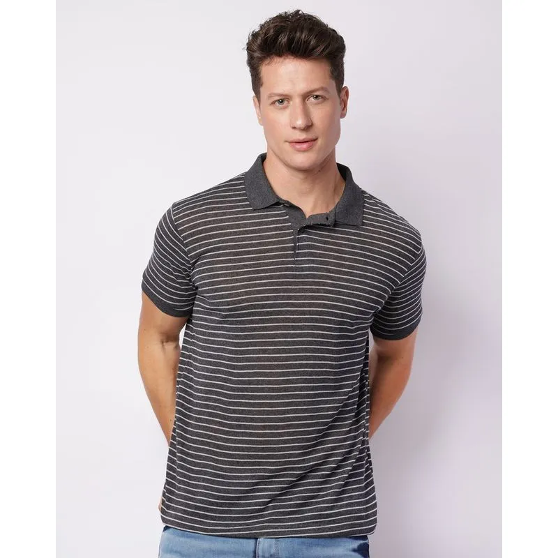 Camisa Polo Masculina Tricô Listrada Manga Curta Preta M