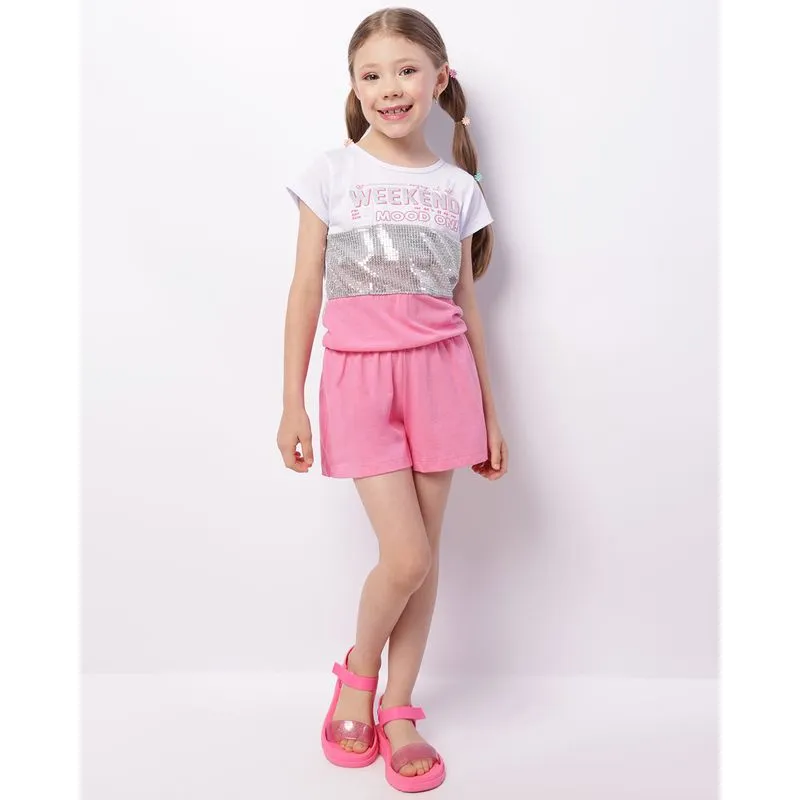 Macaquinho Infantil Manga Curta Estampado Com Paetê Branco 6