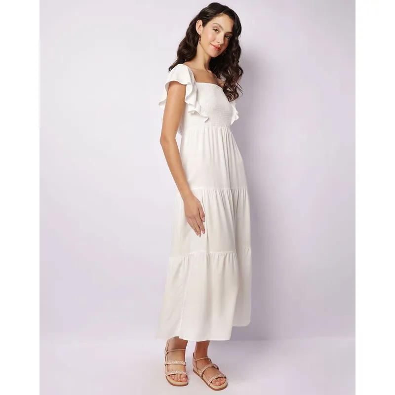 Vestido Feminino Midi Manga Curta Babado Com Lastex Off White G