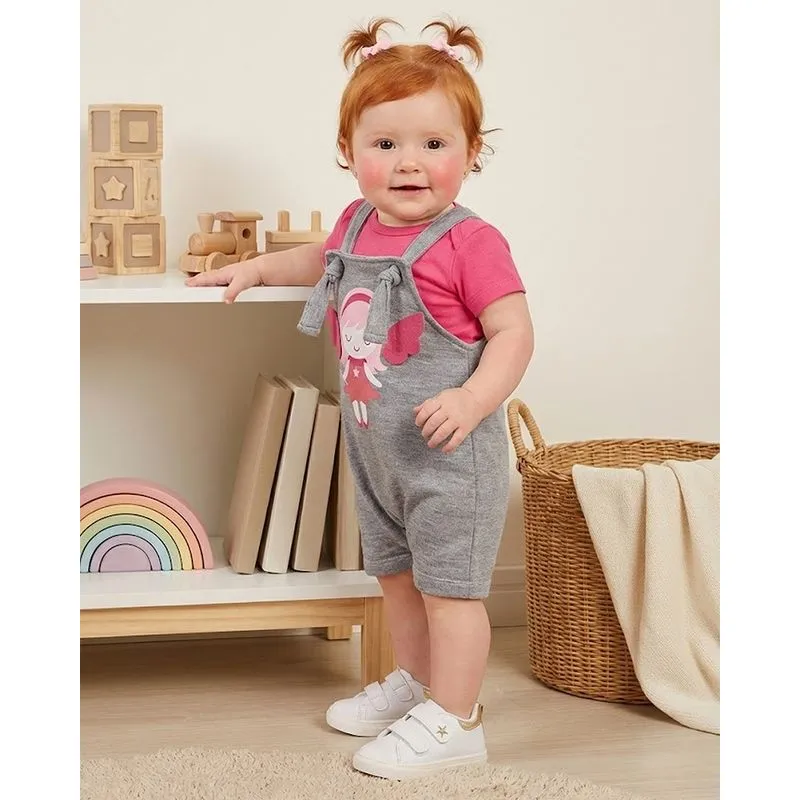 Conjunto Jardineira Bebê Estampa Anjinho Rosa P