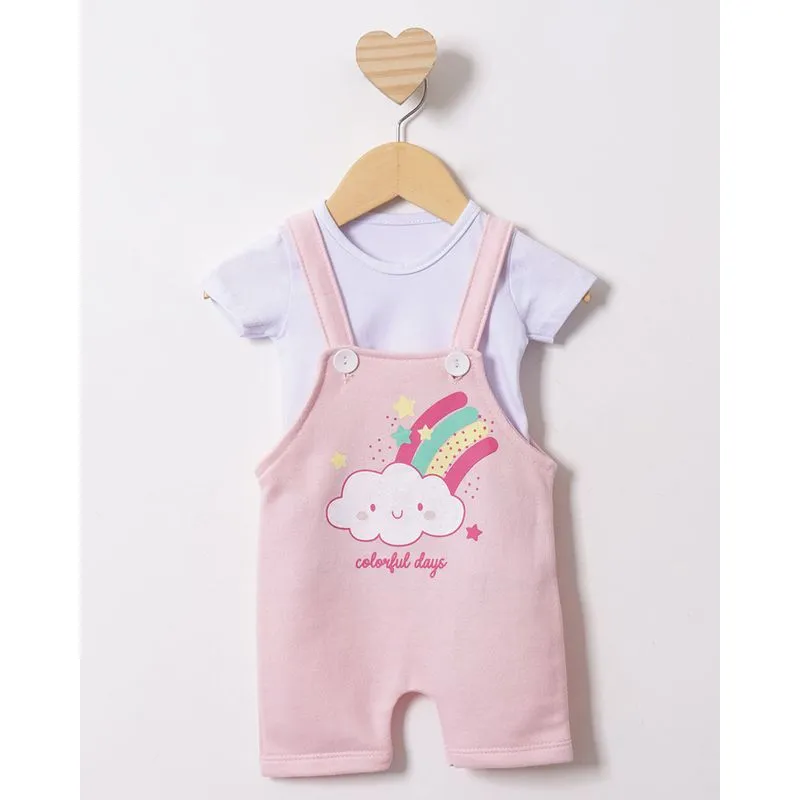 Conjunto Jardineira Bebê Estampa Nuvenzinha Glitter Rosa P