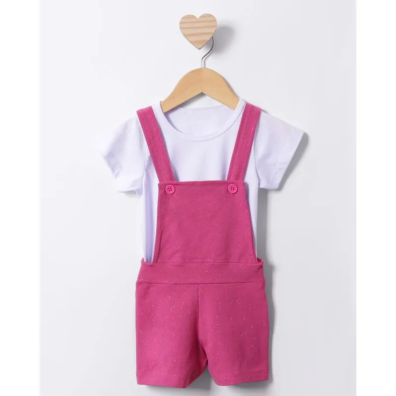 Conjunto Jardineira Bebê Curto Glitter Rosa 2