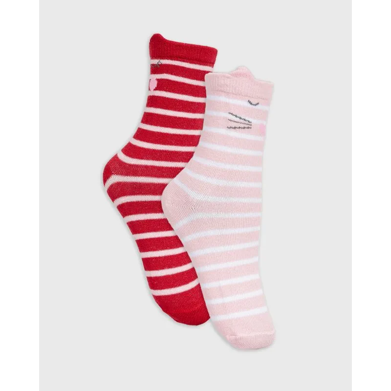 Kit 2 Pares De Meia Infantil Cano Longo Listrada Vermelha E Rosa 27 AO 30