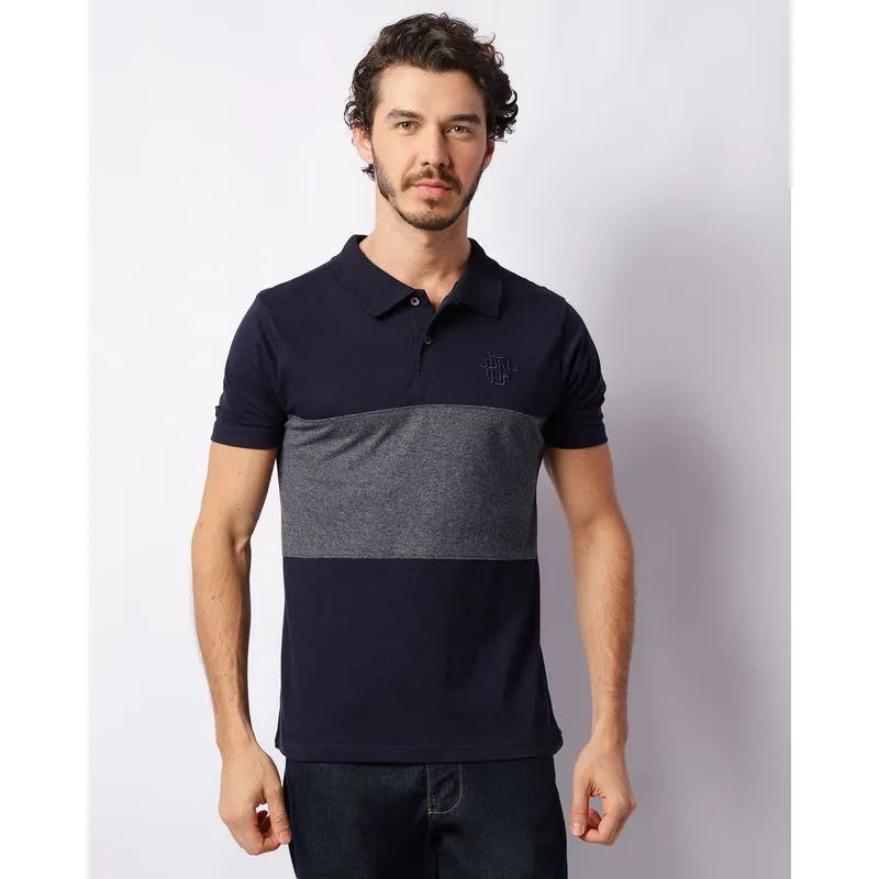 Camisa Polo Masculina Com Recorte Manga Curta Marinho GG