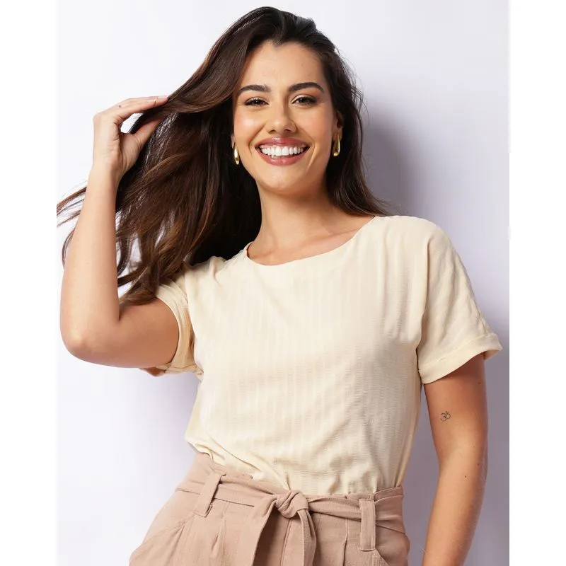 Blusa Feminina Manga Curta Dobrável Maquinetada Bege P