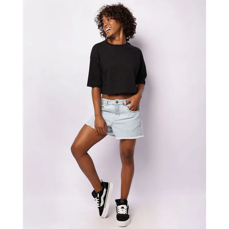 Short Jeans Feminino com Aplicação De Taxas Azul 44