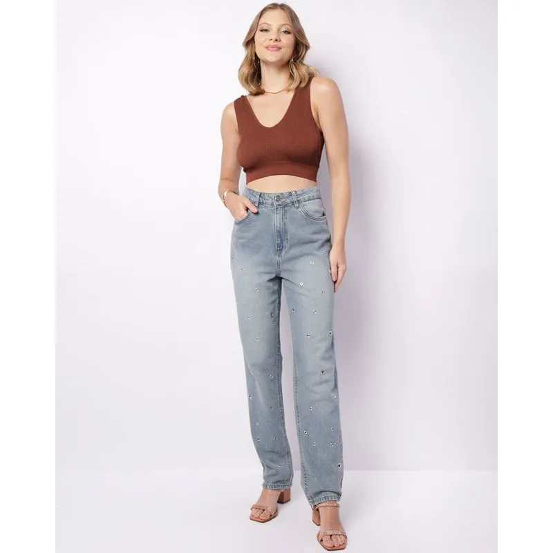 Calça Jeans Feminina Reta Ilhós Azul 38
