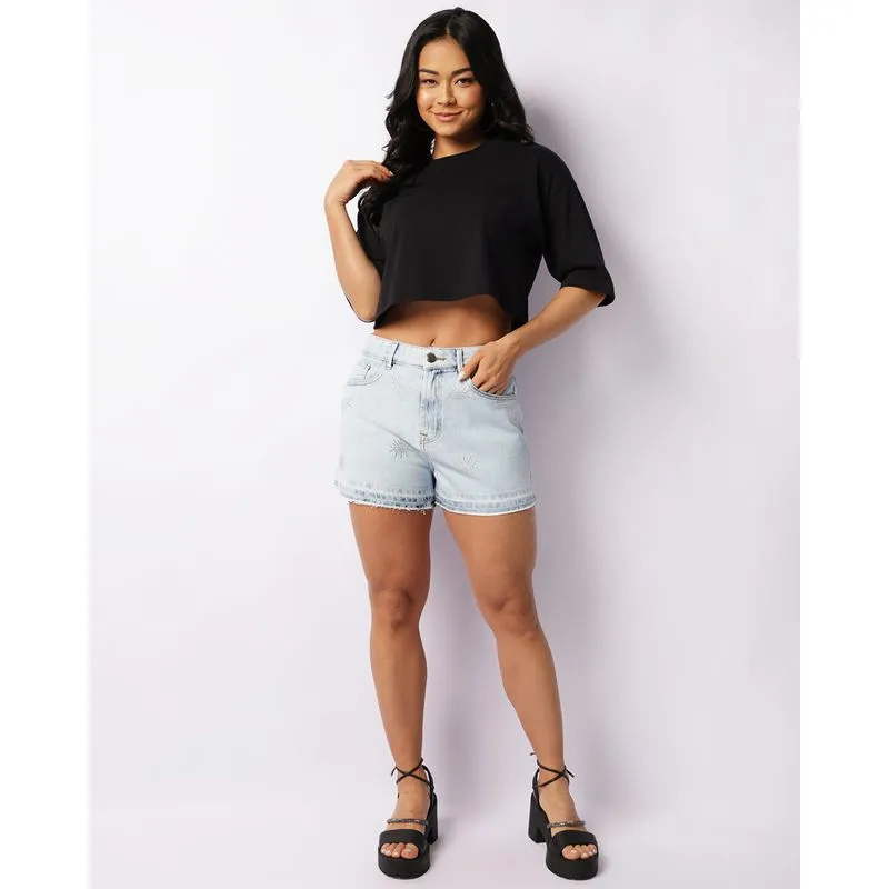 Short Jeans Feminino Olho Grego com Strass Azul 42