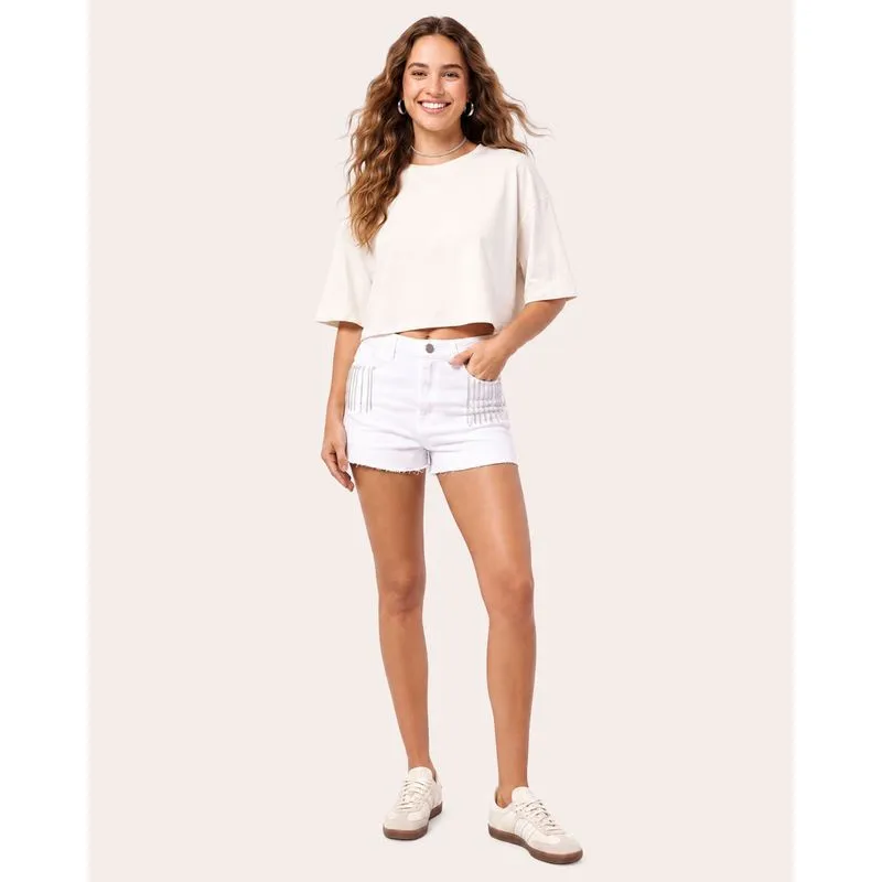 Short Sarja Feminino com Correntes Strass Branca 38