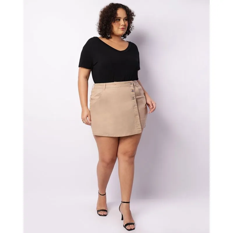 Short Saia Plus Size Feminino Sarja Vizzy Evasê Bege 54