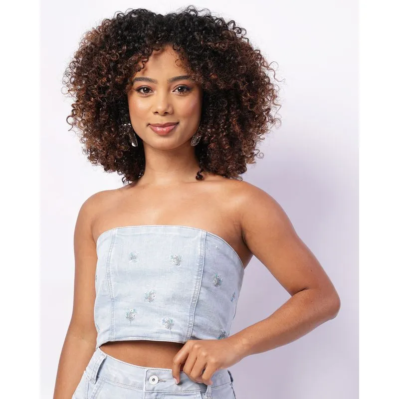 Blusa Jeans Feminina Tomara Que Caia Lastex Bordado Azul G