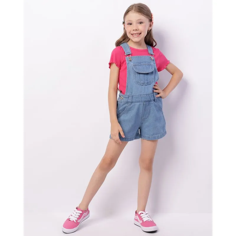 Jardineira Jeans Infantil Curta Com Bolsos Azul 8