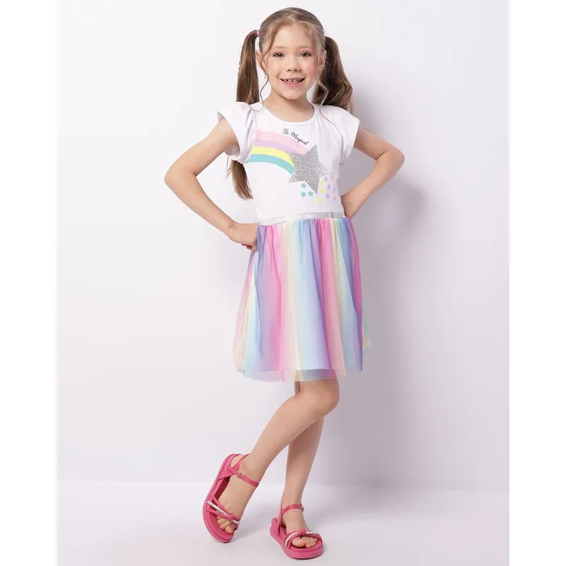 Vestido Infantil Curto Estampa Estrela Sobreposição Tule Branco 8