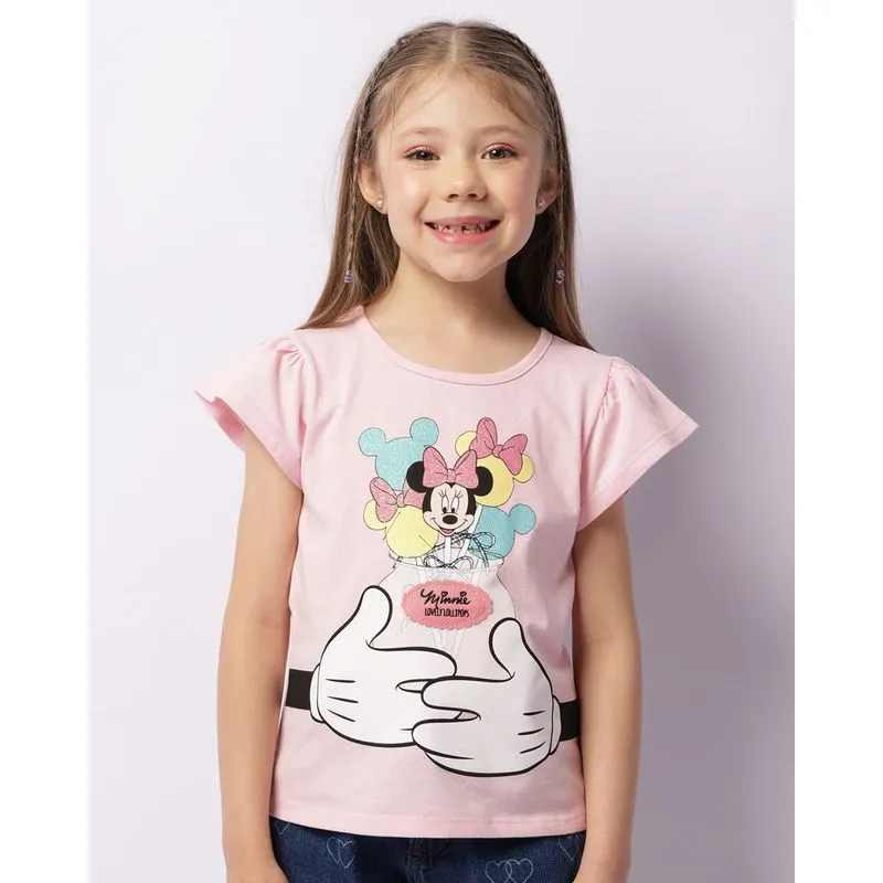 Camiseta Infantil Disney Minnie Com Bordado Manga Curta Rosa 4
