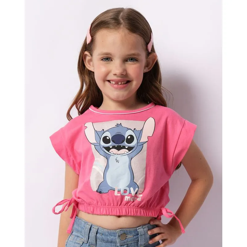 Blusa Infantil Cropped Manga Curta Disney Stitch Rosa 8