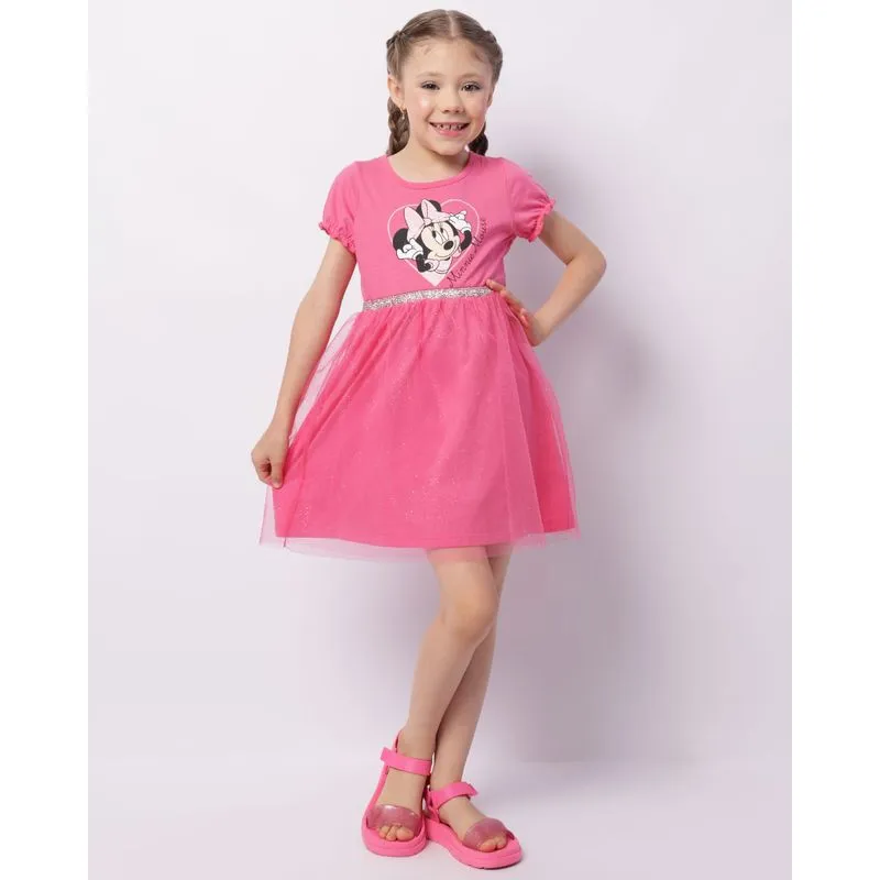 Vestido Infantil Manga Curta Disney Tule Glitter Estampa Minnie Rosa 4
