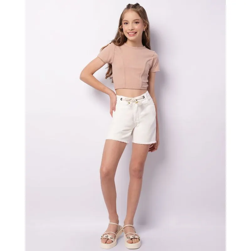 Short Jeans Juvenil Algodão Barra Desfiada Off White 10