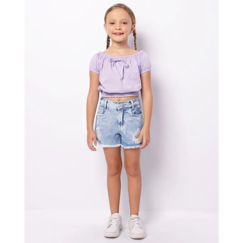 Short Jeans Infantil Destroyed Strass Com Puídos Azul 4