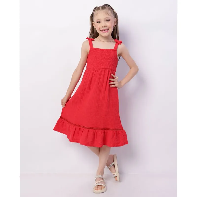 Vestido Infantil Curto Algodão Texturizado Lastex Com Entremeio Vermelho 4