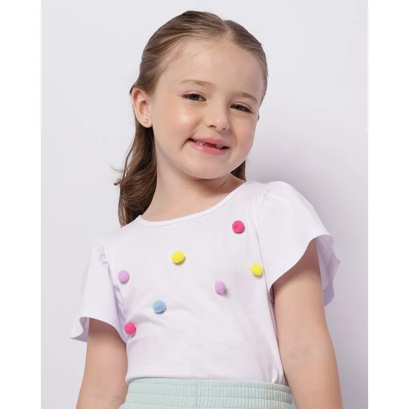 Blusa Infantil Manga Curta Aplicação De Pompom Branca 8