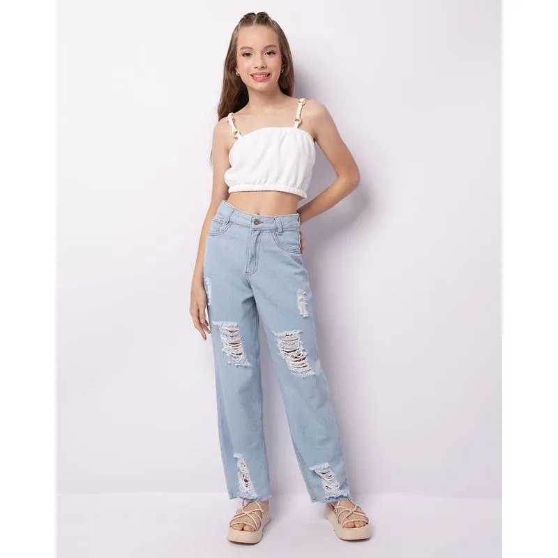 Calça Jeans Juvenil Reta Destroyed Azul 10