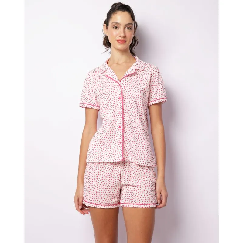Pijama Feminino Curto Americano Estampa Corações Rosa M