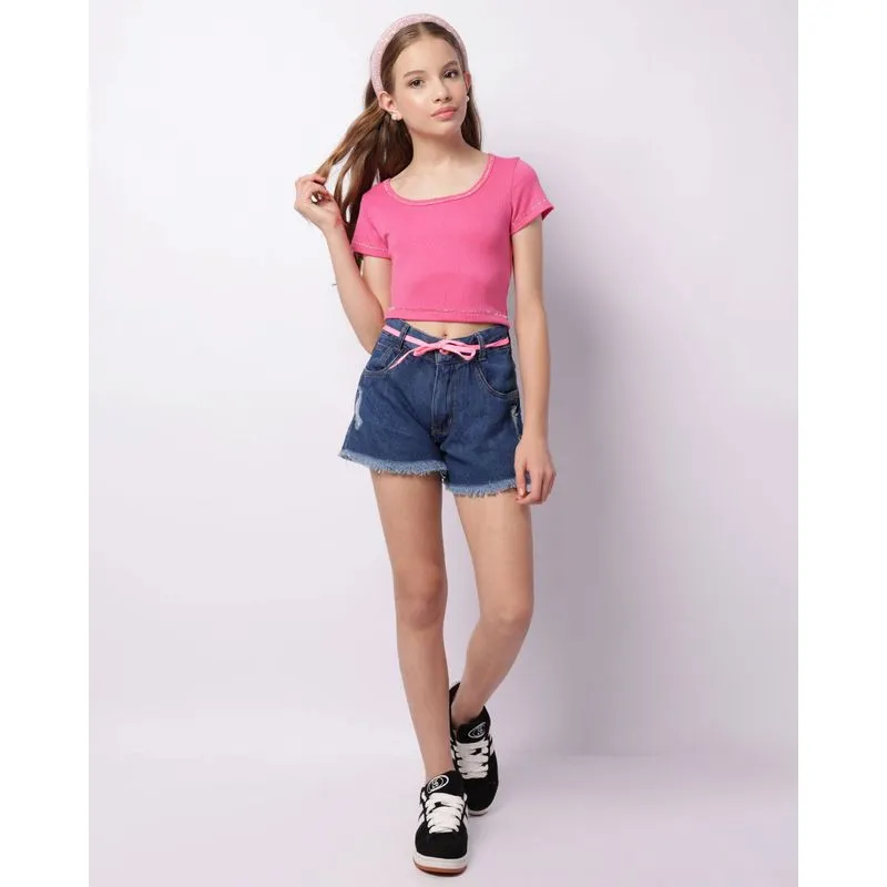 Short Jeans Juvenil Algodão Barra Desfiada Azul 10