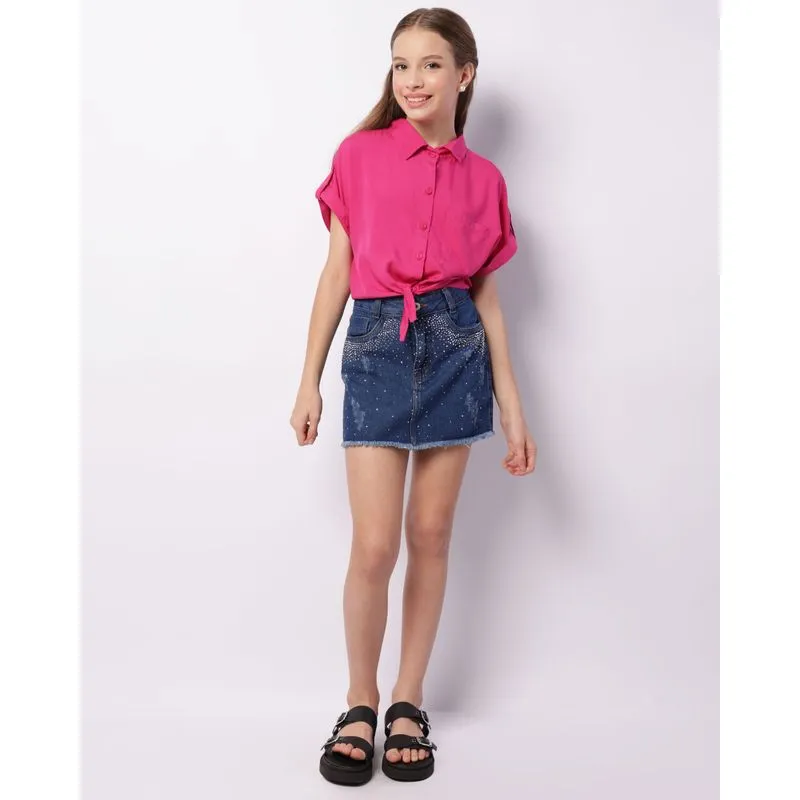 Saia Jeans Juvenil Curta Aplicação De Strass Azul 10