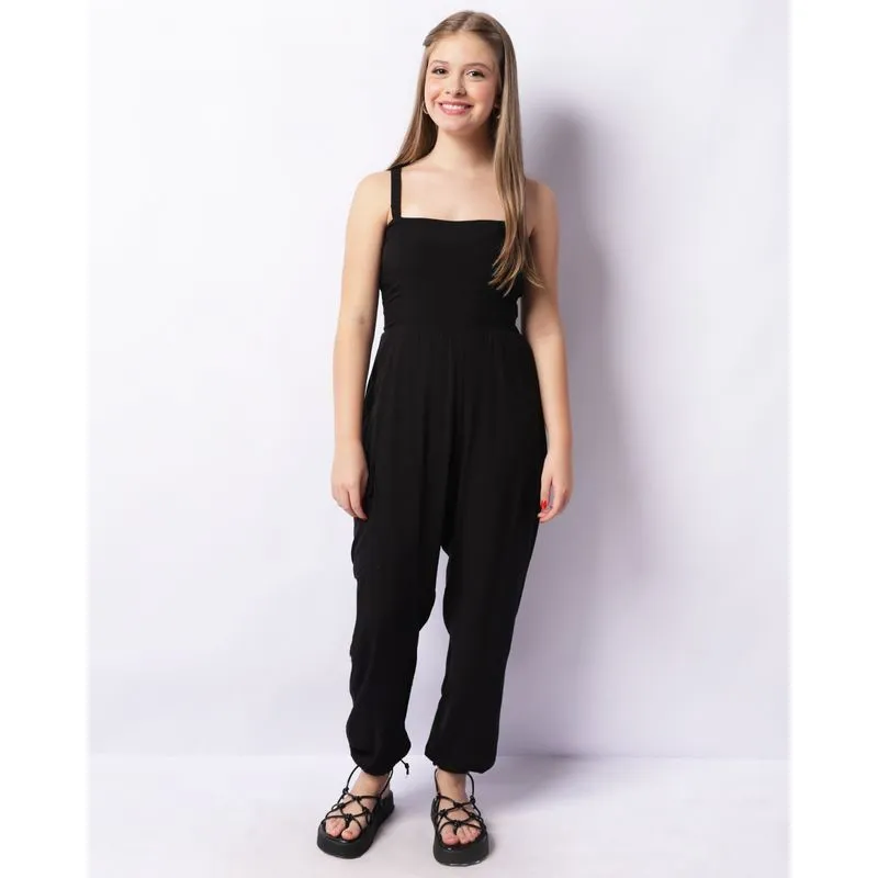 Macacão Juvenil Longo Viscose Jogger Bolso Cargo Preto 10