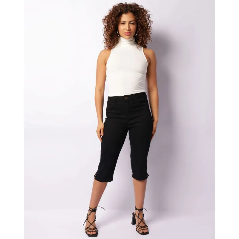 Calça Jeans Feminina Capri Barra Com Fenda Preta 38