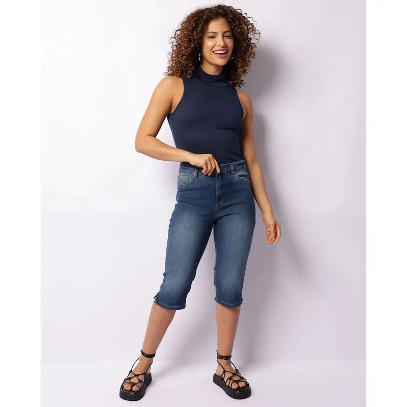 Calça Jeans Feminina Capri Barra Com Fenda Azul 40